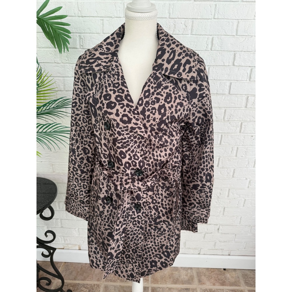 Dana Buchman Trench Coat Women M Tan Black Excellent Leopard Print Belted Jacket
